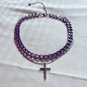 Silver twin chain necklace with crystal cross